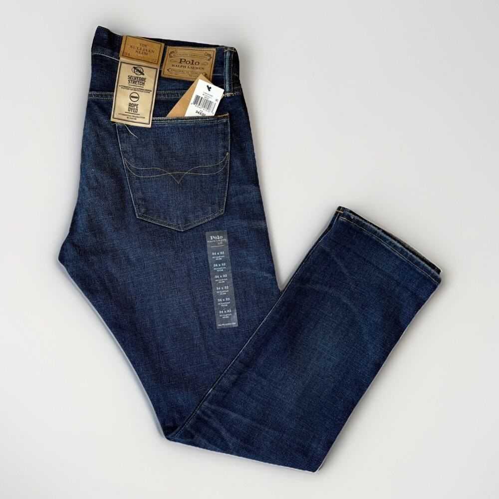 Polo Ralph Lauren Sullivan Slim Jeans 34 Blue Dark Wash Selvedge Stretch NWT